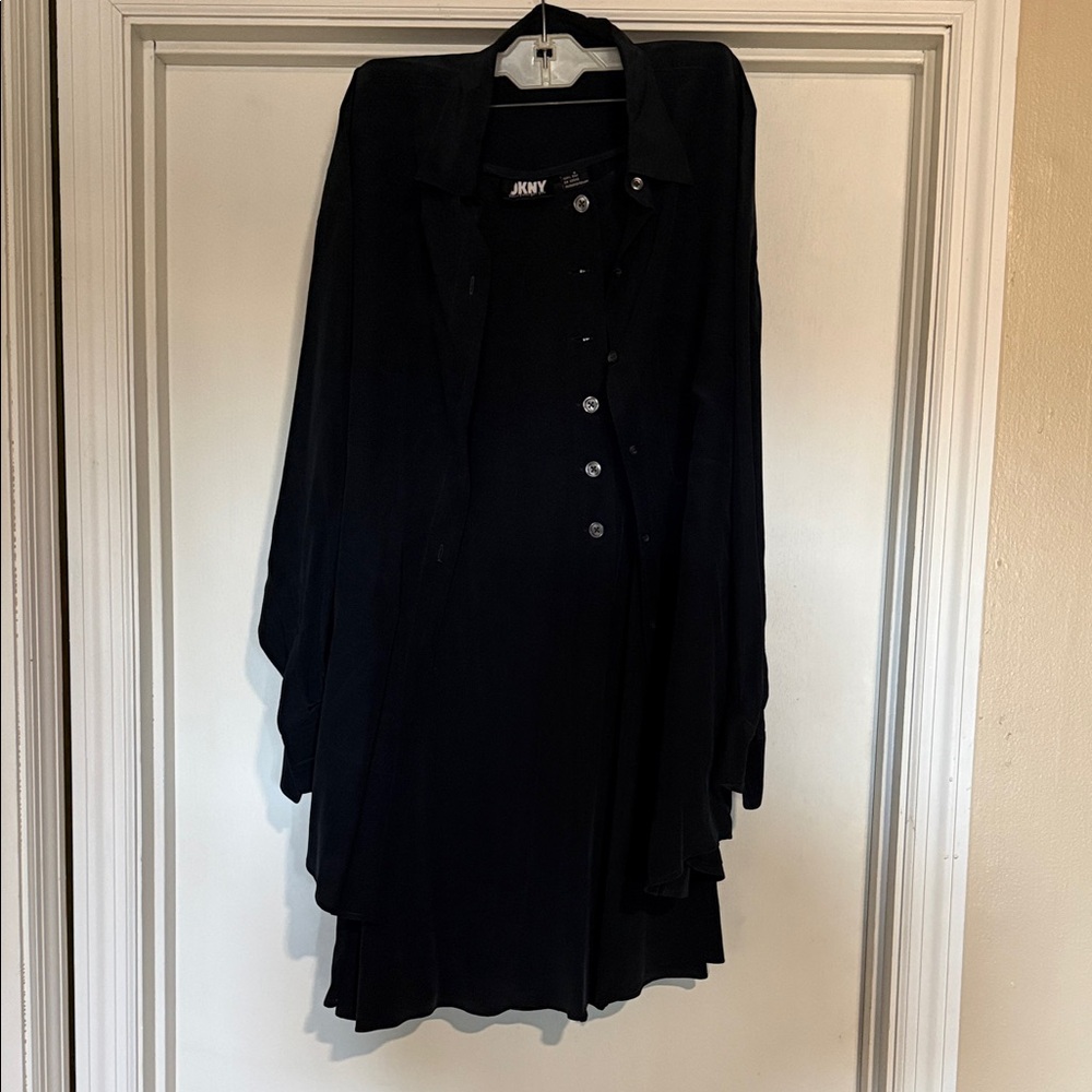 DKNY Silk Navy Button Down and Skirt Set